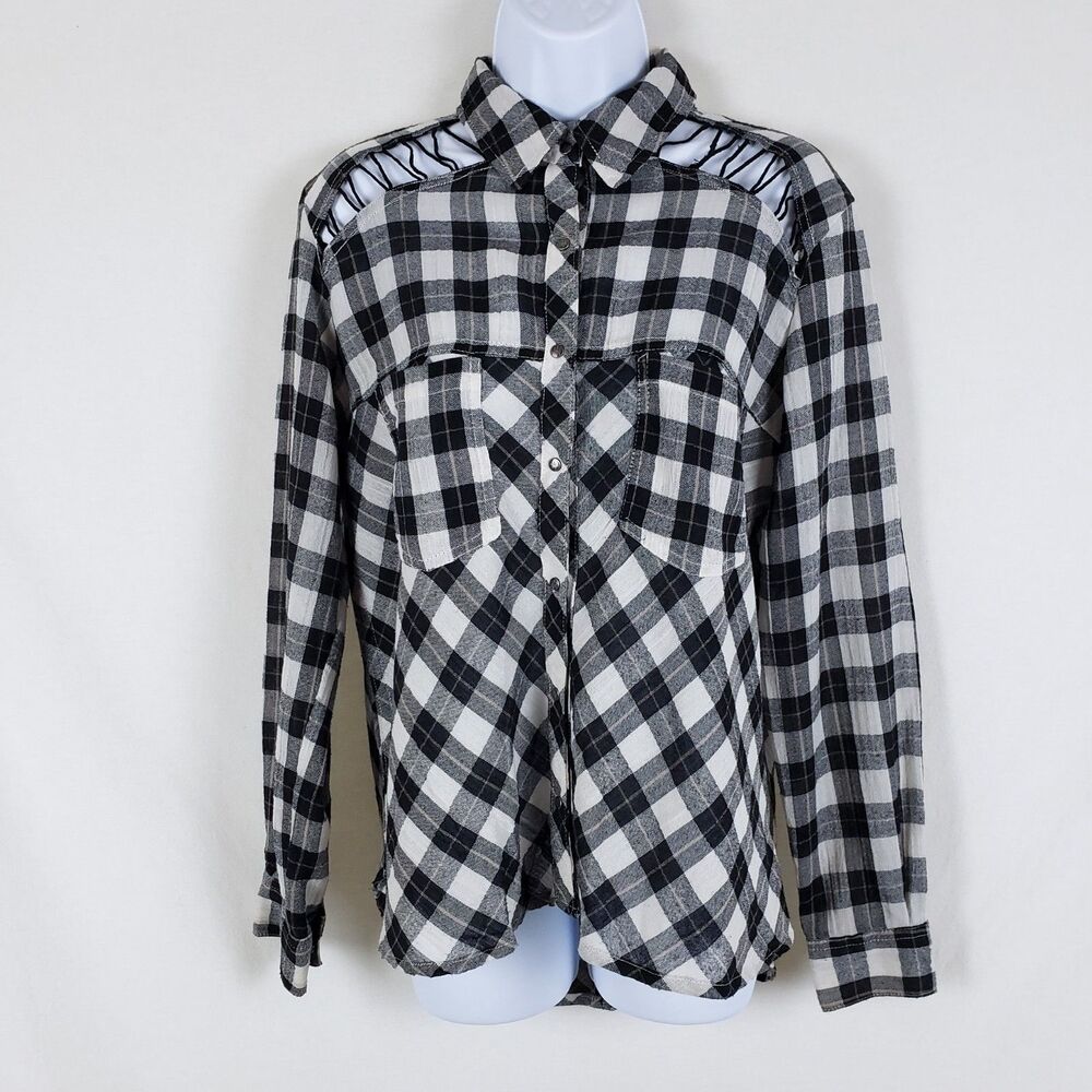 Free People Grunge Alternative Plaid Shirt Women XS Lace-Up Cold Shoulder Cutout
